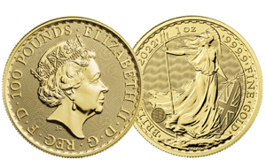 Gouden Britannia munt, Groot Britannie 1 ounce. Voor/Achter